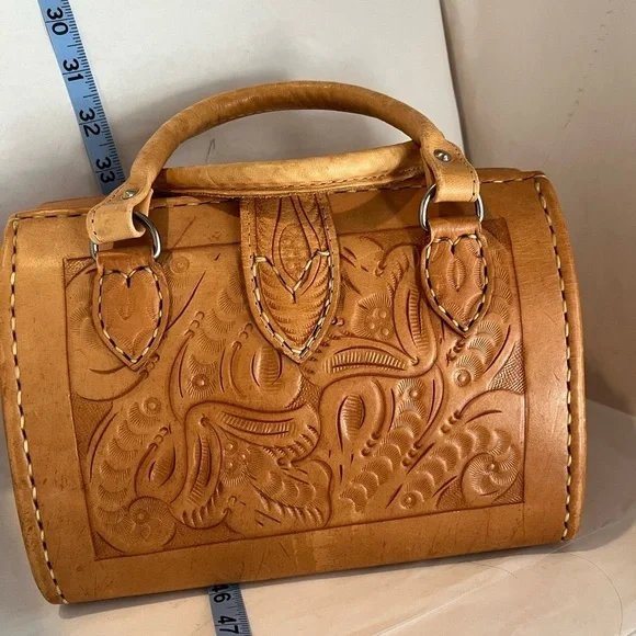 Embossed Tan Leather Satchel - Picture 2 of 8